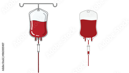 Red blood bags hanging for transfusion and donation center vector for emergency medical healthcare services and pharmaceutical research development business marketing resources.