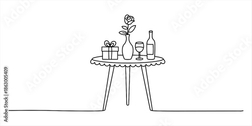 Continuous line drawing of a romantic table setting with gift, rose, and wine Vector, illustration