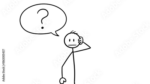 Thoughtful Stick Figure Pondering with Question Mark Speech Bubble on Isolated White Background