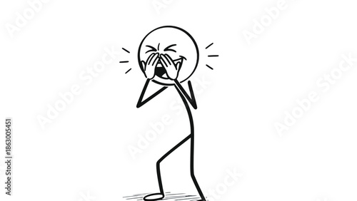 Emotional Stick Figure Covering Face with Hands Expressing Shyness or Embarrassment on Isolated White Background