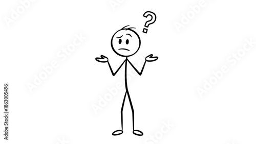 Confused Stick Figure Shrugging Shoulders with Questioning Expression on Isolated White Background