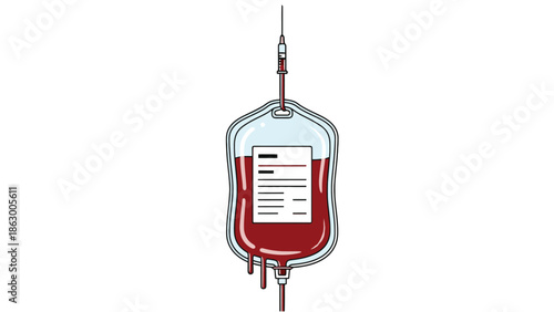 Realistic medical blood bag with label and IV tubing vector illustration for transfusion services and emergency healthcare business communication branding and donor center marketing.