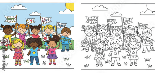 Diverse Children Holding "Hope, Love, Peace" Banners, Promoting Unity