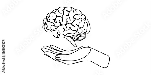 A single continuous line drawing illustrating a brain resting in an open hand, symbolizing mental health and care Vector, illustration