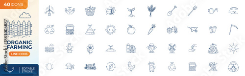 Agriculture and Organic Farming thin line icon set. Set includes crops, harvest, gardening tools, eco farming, renewable energy, livestock and sustainable food production symbols