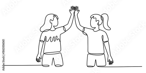Continuous line art drawing of two friends celebrating success with a high five gesture Vector, illustration