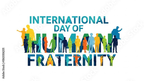 Diverse People Celebrating International Day of Human Fraternity with Colorful Typography