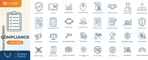 Compliance and regulatory line icon set. Corporate governance, risk management, audit process, policy control, legal transparency, editable stroke vector collection.