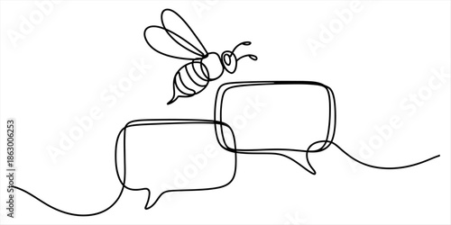Continuous line art depicting a buzzing bee and connected speech bubbles Vector, illustration
