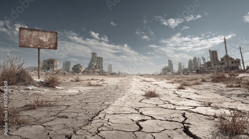 Wallpaper Mural Post-apocalyptic desolate landscape with cracked earth and ruined city buildings under a cloudy sky Torontodigital.ca