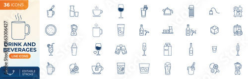 Drink and beverages line editable icon set. Coffee tea alcohol juice wine beer cocktail water milk drink preparation concept. Vector illustration.