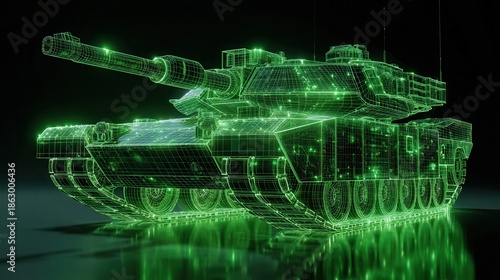 Wallpaper Mural Digital wireframe of a futuristic military tank glowing green on a dark reflective surface Torontodigital.ca