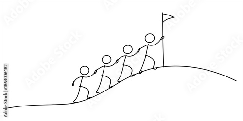 A group of stick figures demonstrates teamwork and collaboration while climbing towards a flag Vector, illustration