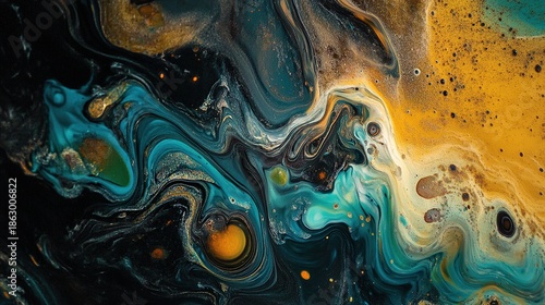 Abstract swirls of blue, yellow, and black create a vibrant, fluid, and dynamic artistic pattern.