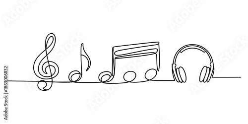 Continuous line art of musical notes and headphones representing the essence of music Vector, illustration