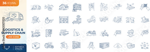 Logistics and supply chain doodle icon set for delivery and warehouse operations. Shipping, transportation, inventory, distribution and global trade hand drawn vector icons