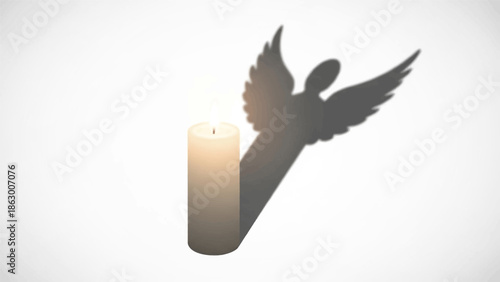 Candle casting an angel shadow, symbolizing peace, hope, and spiritual light on a white background.