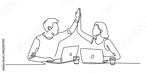 Two business partners celebrating success with a high-five gesture at the workplace Vector, illustration