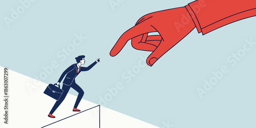 Businessman confronting giant pointing hand in power struggle