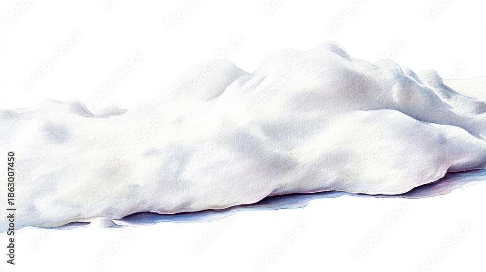 Naklejka premium Fresh white snowdrift watercolor illustration isolated on a clean white background, with soft blue and purple shadows, for winter designs.