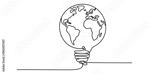 Continuous line drawing of a globe shaped light bulb representing global idea or sustainability Vector, illustration
