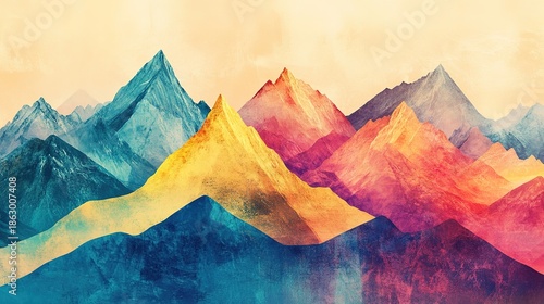 Vibrant abstract mountains in bold blue, yellow, and red hues, creating a colorful, artistic landscape scene.