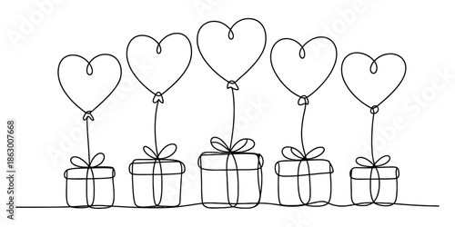 Continuous single line drawing showing heart balloons floating above a row of gift boxes Vector, illustration