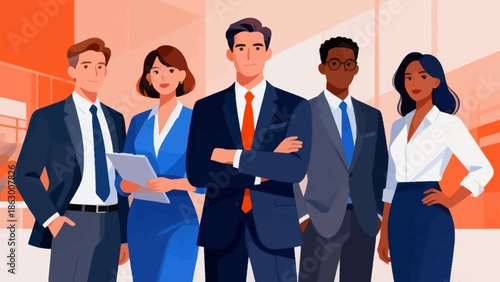 Five business professionals in office attire