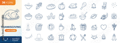 Thanksgiving doodles line icons set. Autumn holiday symbols, turkey harvest dinner gratitude family celebration. Vector illustration