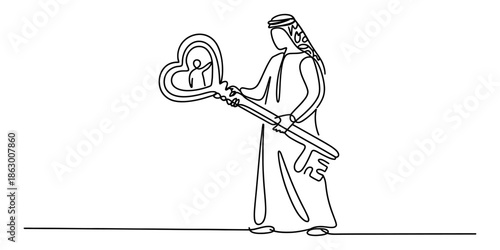 Arab man holding a giant heart key representing a solution for personal well-being Vector, illustration