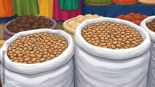 Roasted Chickpeas in White Sacks at Market Stall