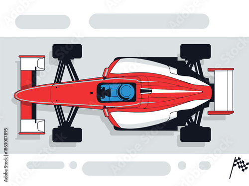 Dynamic red and white open-wheel race car from top view in flat design vector illustration, symbolizing speed, competition, and motorsports