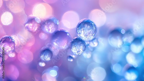 Shimmering bubbles float against a dreamy, colorful bokeh background in shades of purple, pink, and blue.