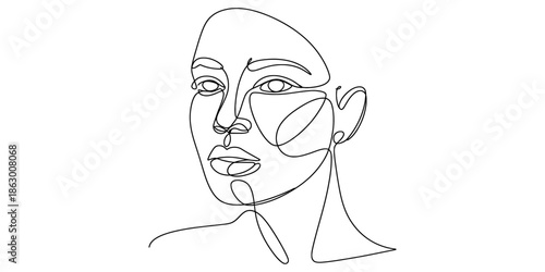 Minimalist continuous line art drawing of a human face in elegant black and white Vector, illustration