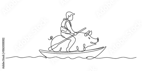Continuous line drawing of a person riding a large pig while paddling a small boat on water Vector, illustration