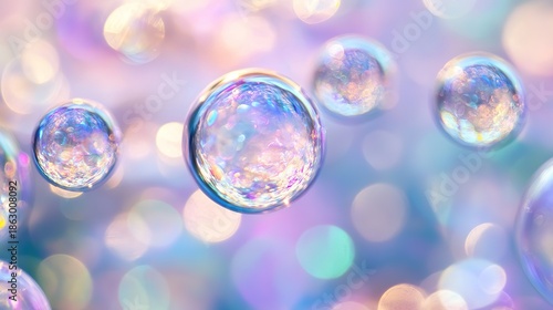 Iridescent bubbles float against a dreamy, pastel, and blurred background with soft light bokeh effects.