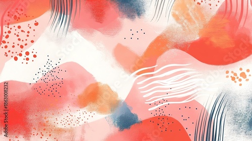 Colorful abstract painting with flowing shapes, dots, and lines in warm coral, orange, and white tones.