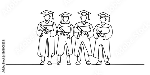 A continuous line art illustration of four college students celebrating their graduation with diplomas Vector, illustration