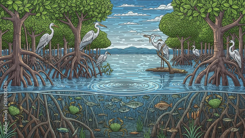 Mangrove Trees with White Herons in Wetland Ecosystem during Daytime