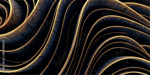 Abstract flowing dark waves with golden metallic highlights.