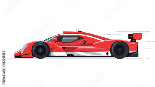 Sleek Red Modern Racing Prototype Car Vector Illustration on White Background, Side View, High Performance Sport Vehicle Design