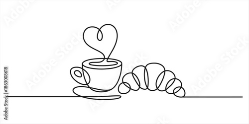 Continuous line drawing of breakfast elements: coffee and croissant with love symbol. Vector, illustration