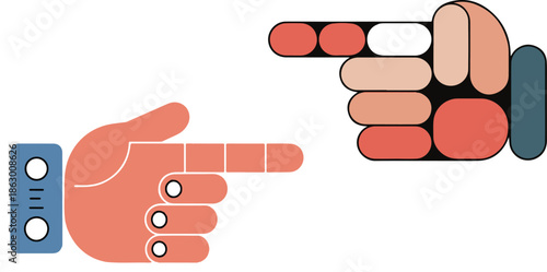 A graphic illustration depicts two hands pointing one forward and one slightly angled with distinct color blocking and shapes high quality