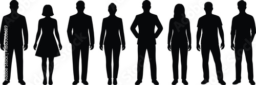 Silhouettes of eight diverse people standing side by side, showcasing fashion styles, gender identity, and minimalist human figure representation