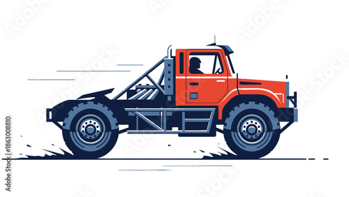 Vibrant Red Off-Road Heavy Duty Rally Truck Vector Illustration, Dynamic Side View with Speed and Dirt Effects