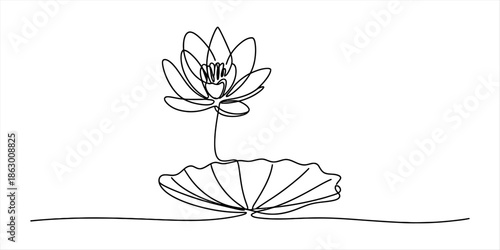 A minimalist single continuous line art of a lotus blossom and its leaf Vector, illustration