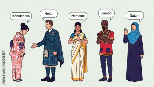 Diverse People Greeting Each Other in Traditional Clothing from Around the World