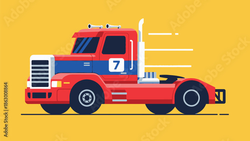Flat Design Red Racing Semi Truck with Number 7 and Speed Lines on Yellow Background