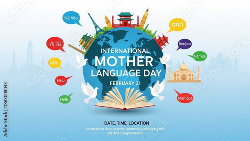 International Mother Language Day Poster with Globe and Speech Bubbles