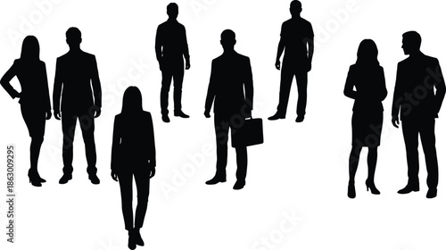 Silhouettes of seven business people in formal attire standing and interacting, representing corporate teamwork, professionalism, and workplace diversity